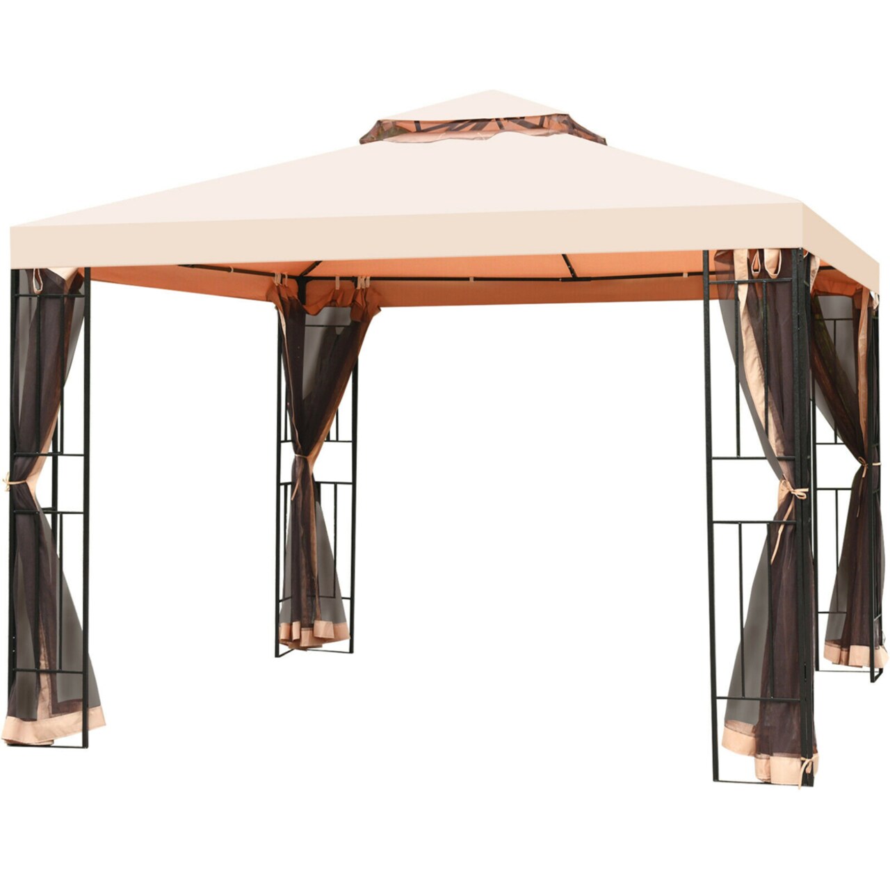 10X10ft Metal Gazebo W/ Mosquito Netting Canopy Gazebo 2 Tier Vented Gazebo Top